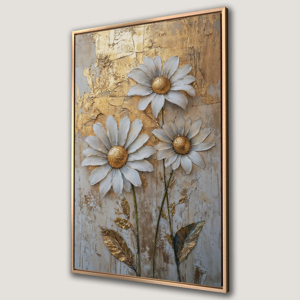 Framed Wall Art featuring textured daisies with gold accents on a neutral background. Elegant floral art with a modern, luxurious style.