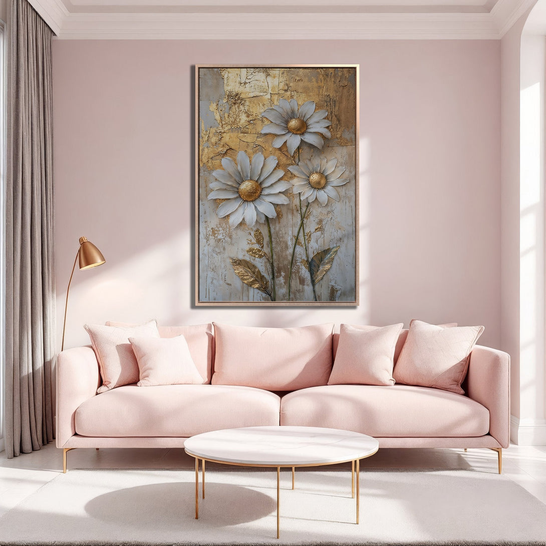 Framed Wall Art: Elegant floral Canvas Print with gold and white daisies in a blush pink interior. Modern art for a stylish home.