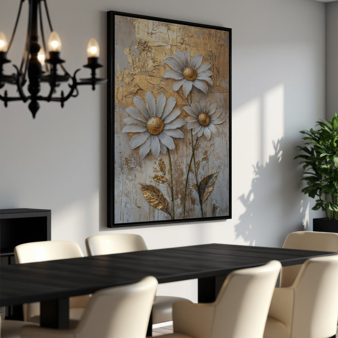 Framed Wall Art featuring textured white daisies with gold accents. Elegant floral art in a neutral color palette, perfect for modern home decor.