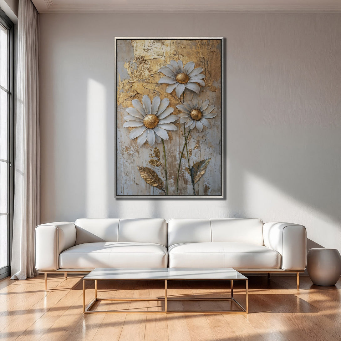 Framed Wall Art featuring textured white and gold daisies. Modern, elegant decor in a neutral color palette. Perfect for living room or bedroom.