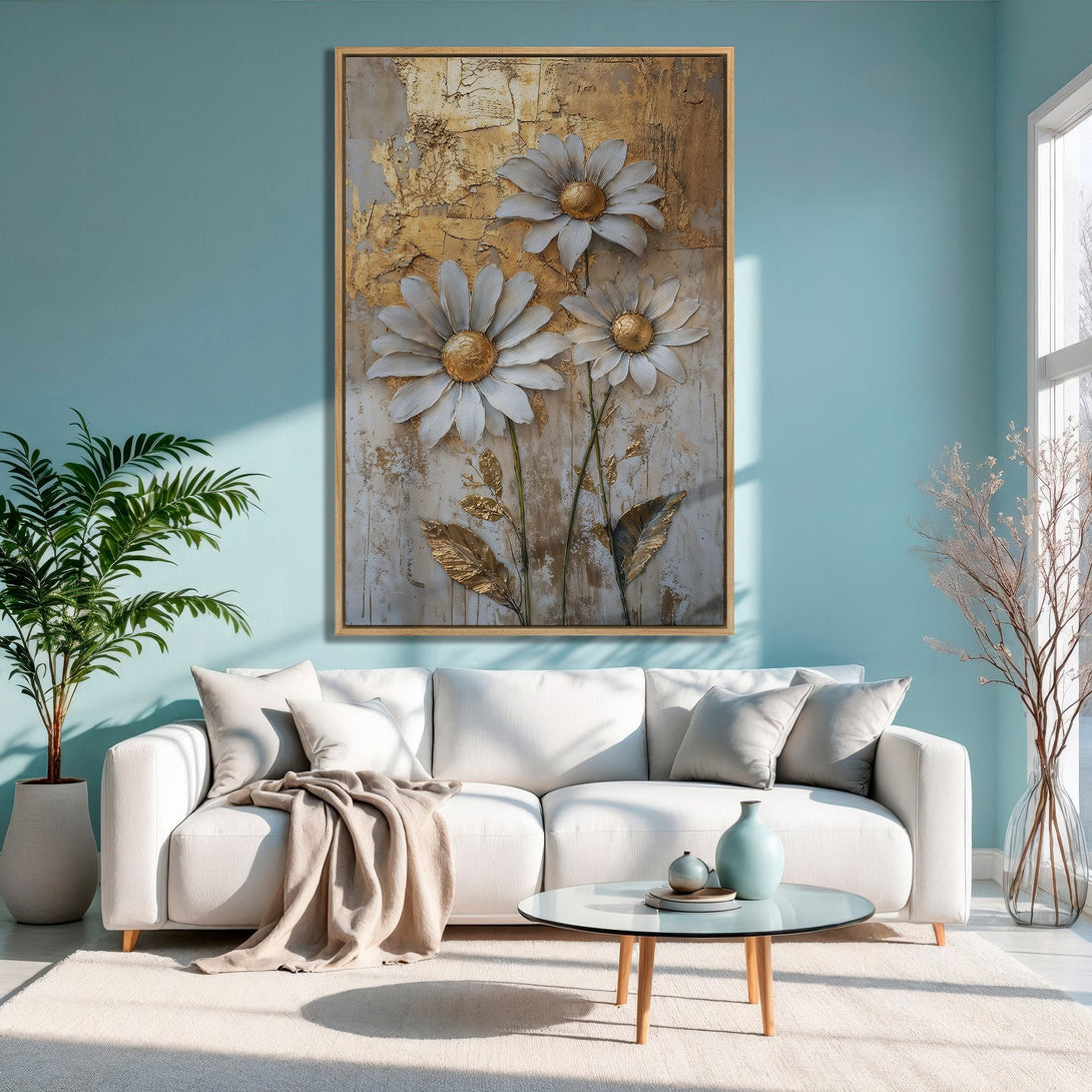 Framed Wall Art: Textured floral print in gold, white, and gray tones. Modern canvas art adds a touch of elegance to any living room.