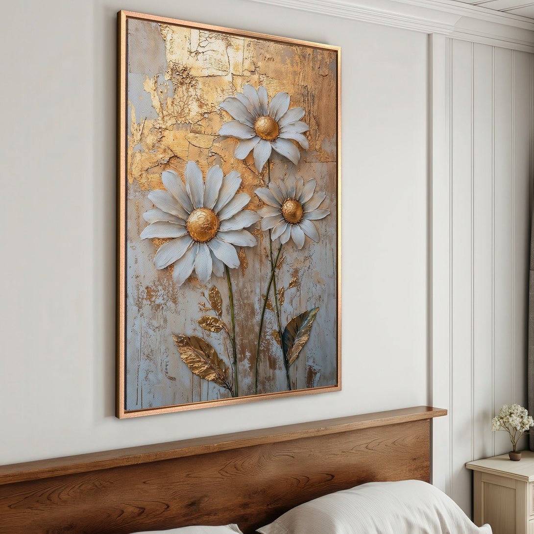 Framed Wall Art featuring textured white daisies with gold accents on a gold and blue background. Perfect for adding a touch of elegance to your bedroom decor.
