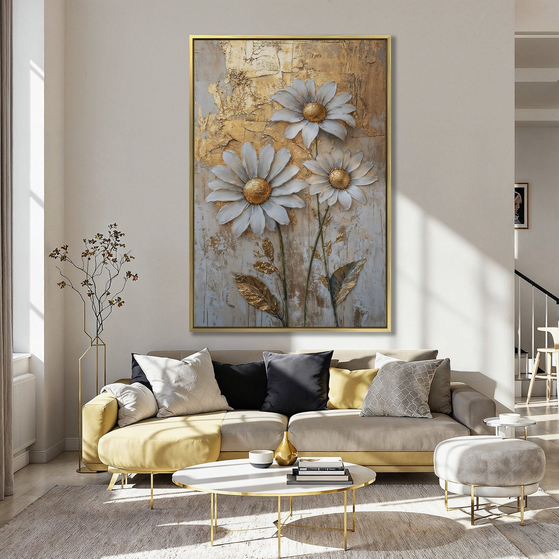 Canvas Print featuring textured daisy artwork in gold, gray, and white, displayed in a kitchen with a pink wall, adding elegance and style.