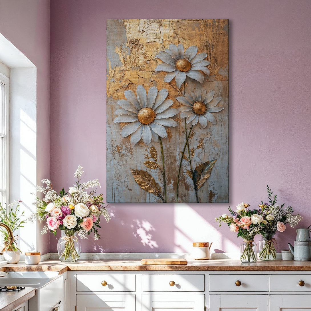 Framed Wall Art featuring textured white and gold floral art. Modern, elegant style with a neutral and gold color palette. Perfect for living room decor.