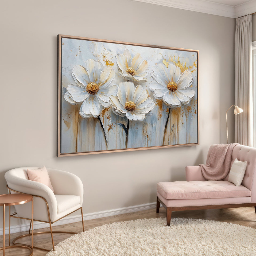Framed Wall Art of white floral art with gold accents. Modern, elegant canvas print in a neutral color palette. Perfect for home decor.