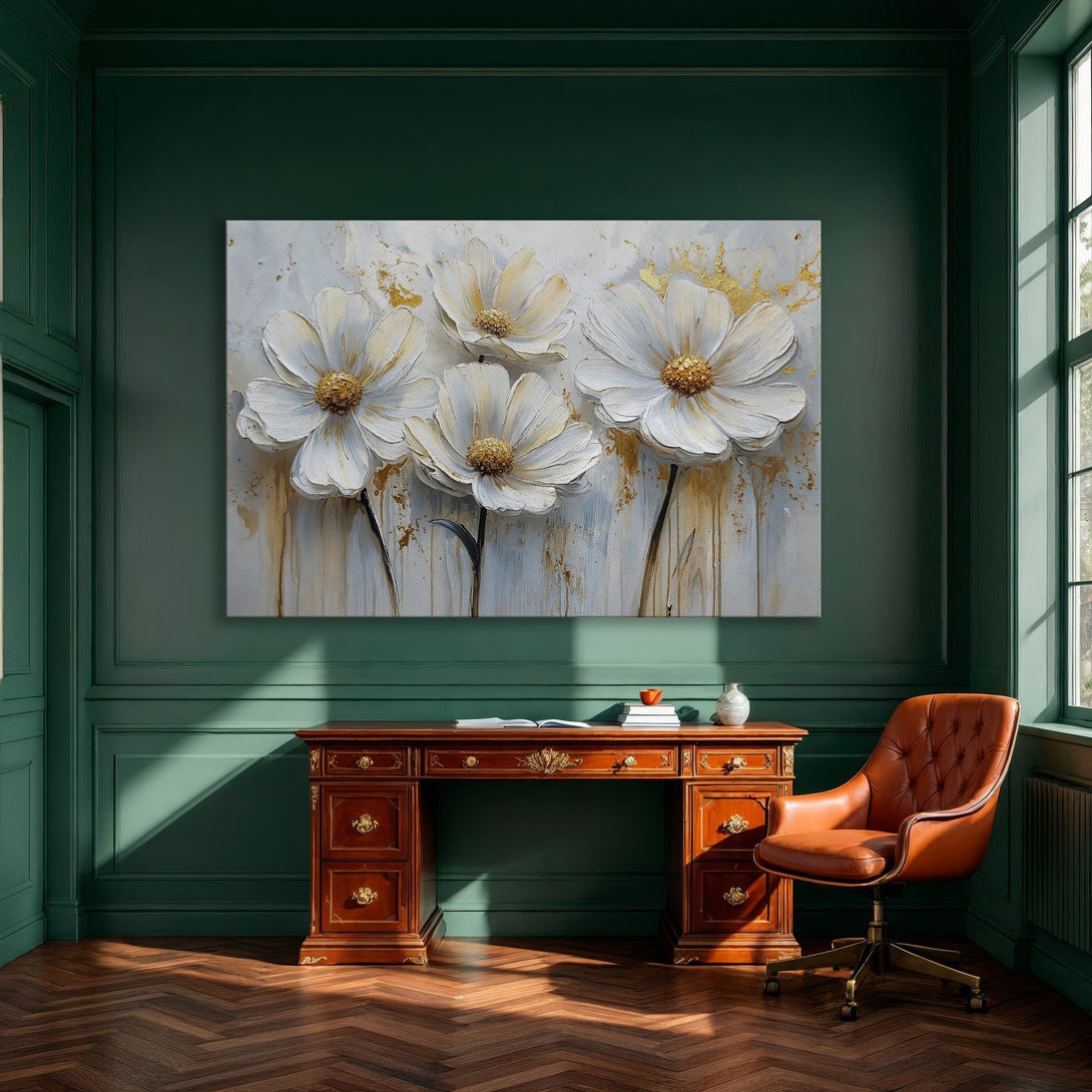 Framed Wall Art featuring white floral art with gold accents. Elegant canvas print with a soft, neutral color palette. Perfect home decor.