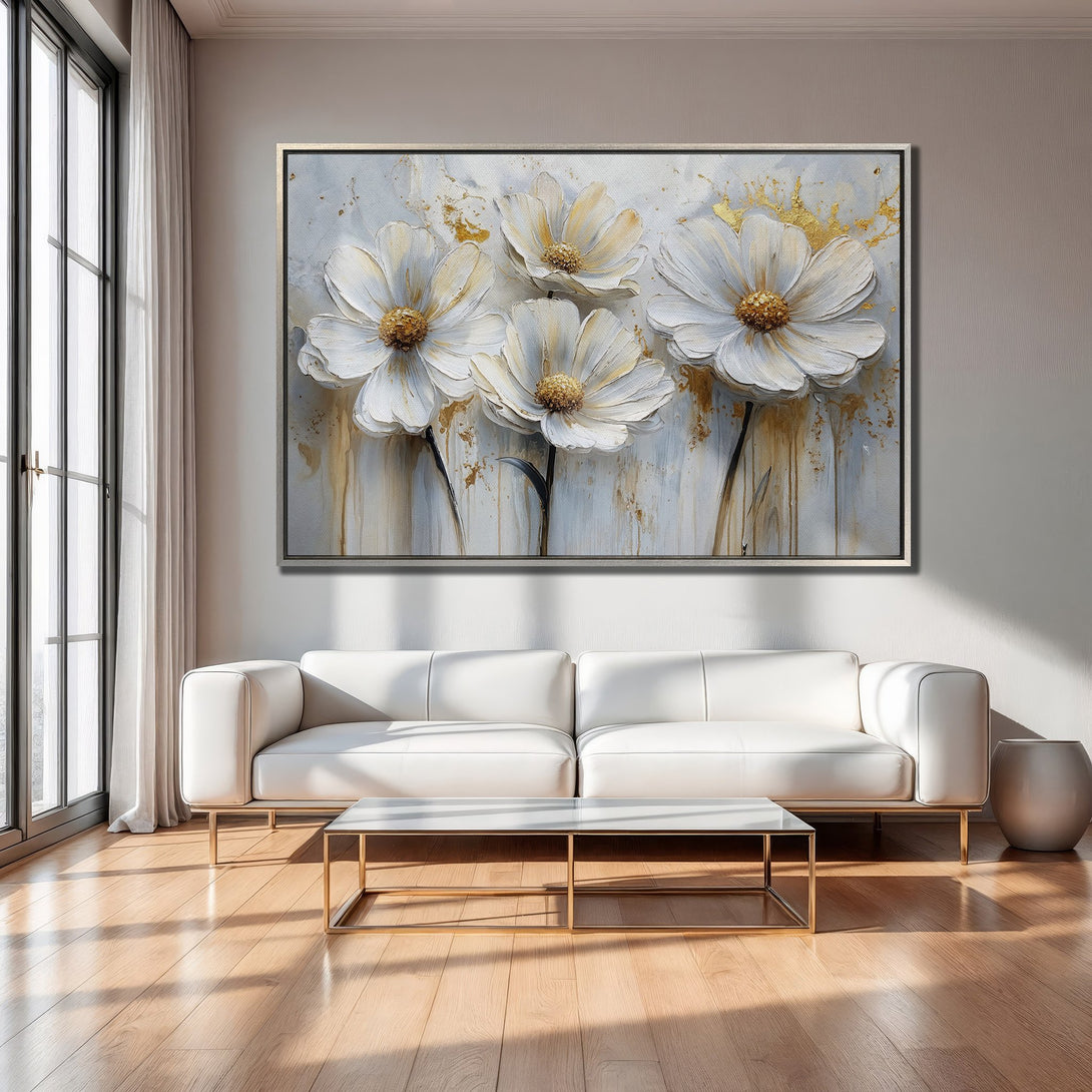 Framed Wall Art featuring elegant white flower painting with gold accents. Modern floral art in a neutral color palette, perfect for home decor.