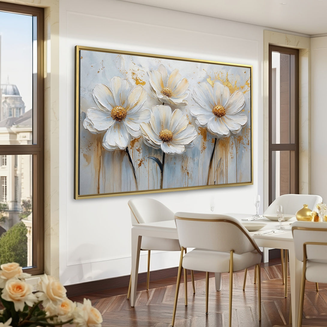 Canvas Print of white floral artwork with gold accents, displayed in a sophisticated green interior. Modern, elegant wall decor.