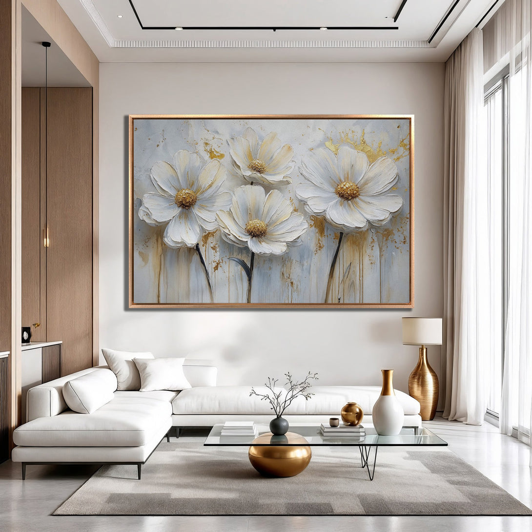 Framed Wall Art: Stunning floral canvas print in a modern living room. Features white flowers with gold accents on a neutral color palette. Elevate your space!