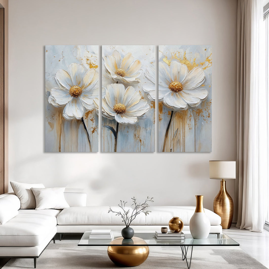 Canvas Print of elegant white flower art with gold accents, displayed in a modern interior. Features a neutral, calming color palette.