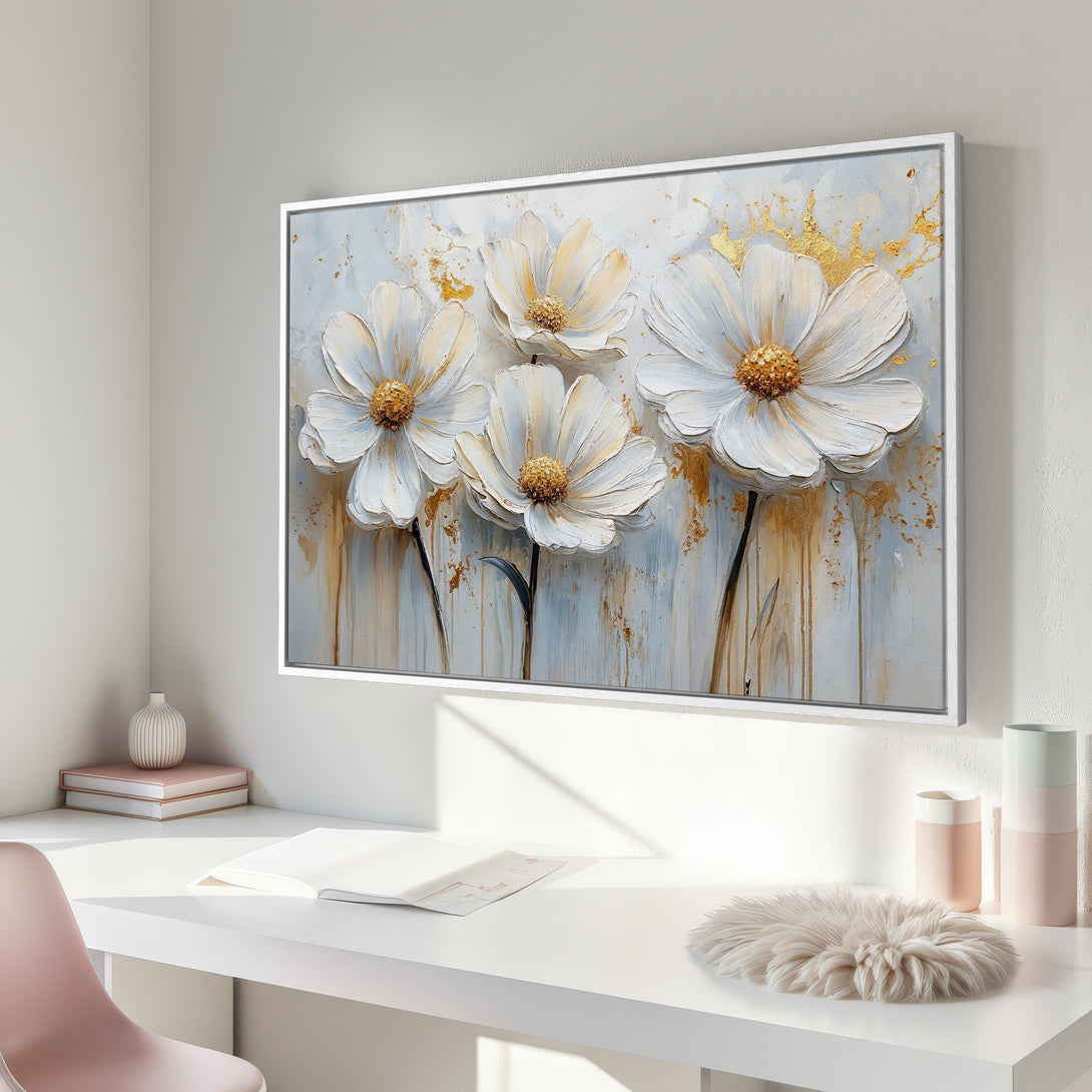 Framed Wall Art: Elegant floral canvas print in white, gold, and soft blue. Perfect for adding a touch of modern art to any space.