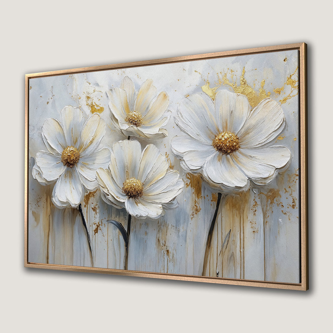 Framed Wall Art featuring textured white flowers with gold accents on a neutral background. Elegant floral art for modern home decor.