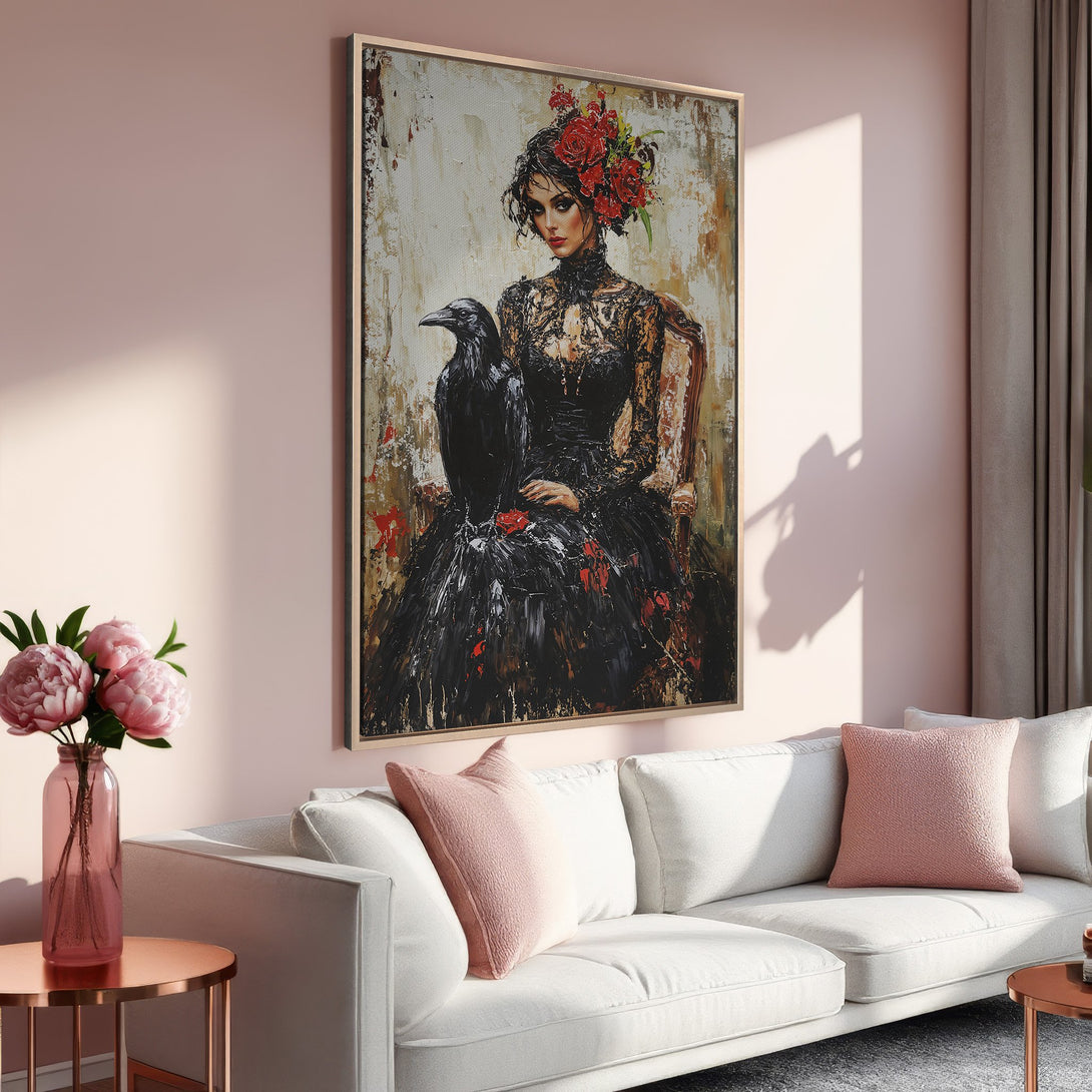 Framed Wall Art: Gothic-inspired woman with raven, rich black, red, and cream palette. Perfect for adding a touch of drama to your living space.