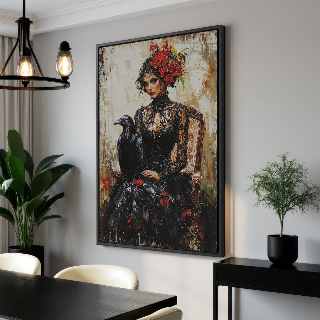 Framed Wall Art: Dramatic portrait of a woman with a raven, in a dark, moody style with a red, black, and beige color palette. Perfect for adding a unique touch!