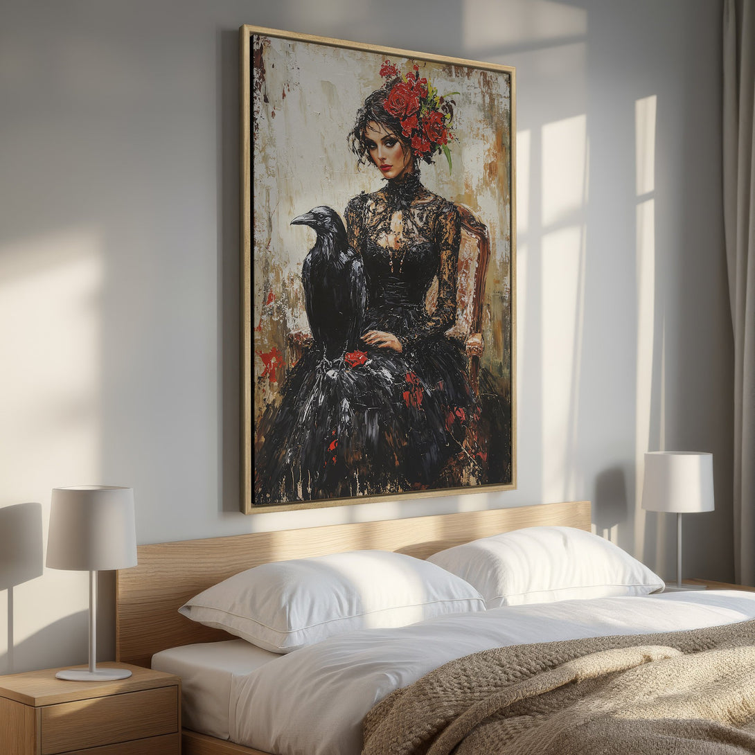 Framed Wall Art: Gothic woman with raven oil painting. Dramatic dark and red color palette. Perfect bedroom wall decor.