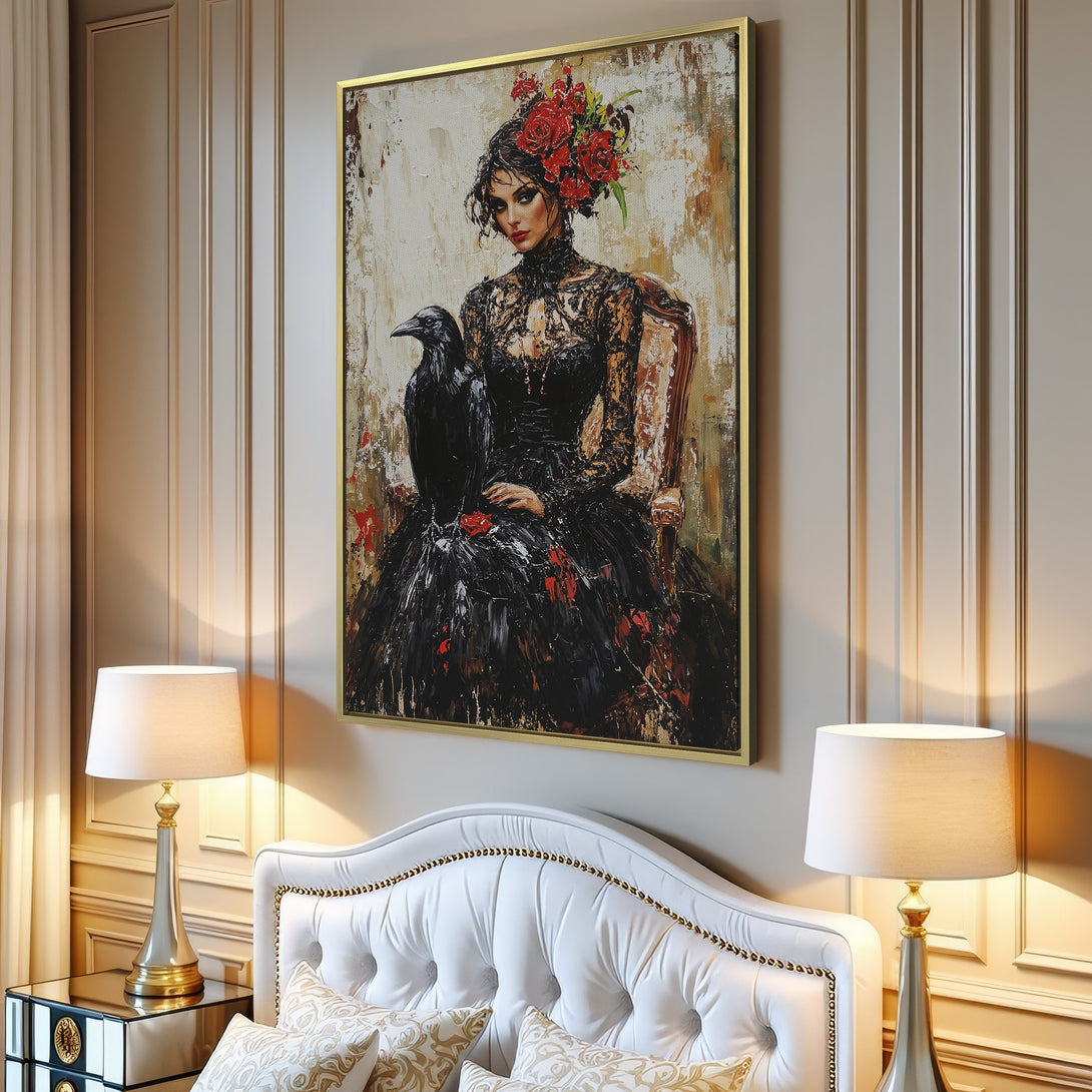 Canvas Print of a gothic woman with a raven, in a dark, moody color palette. Perfect wall art for a unique home decor style.