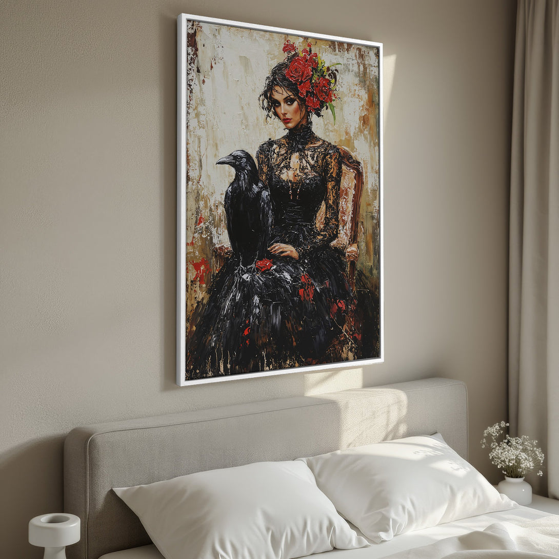 Framed Wall Art: Gothic woman with raven oil painting in black, red, and cream. Perfect statement piece for bedroom decor.