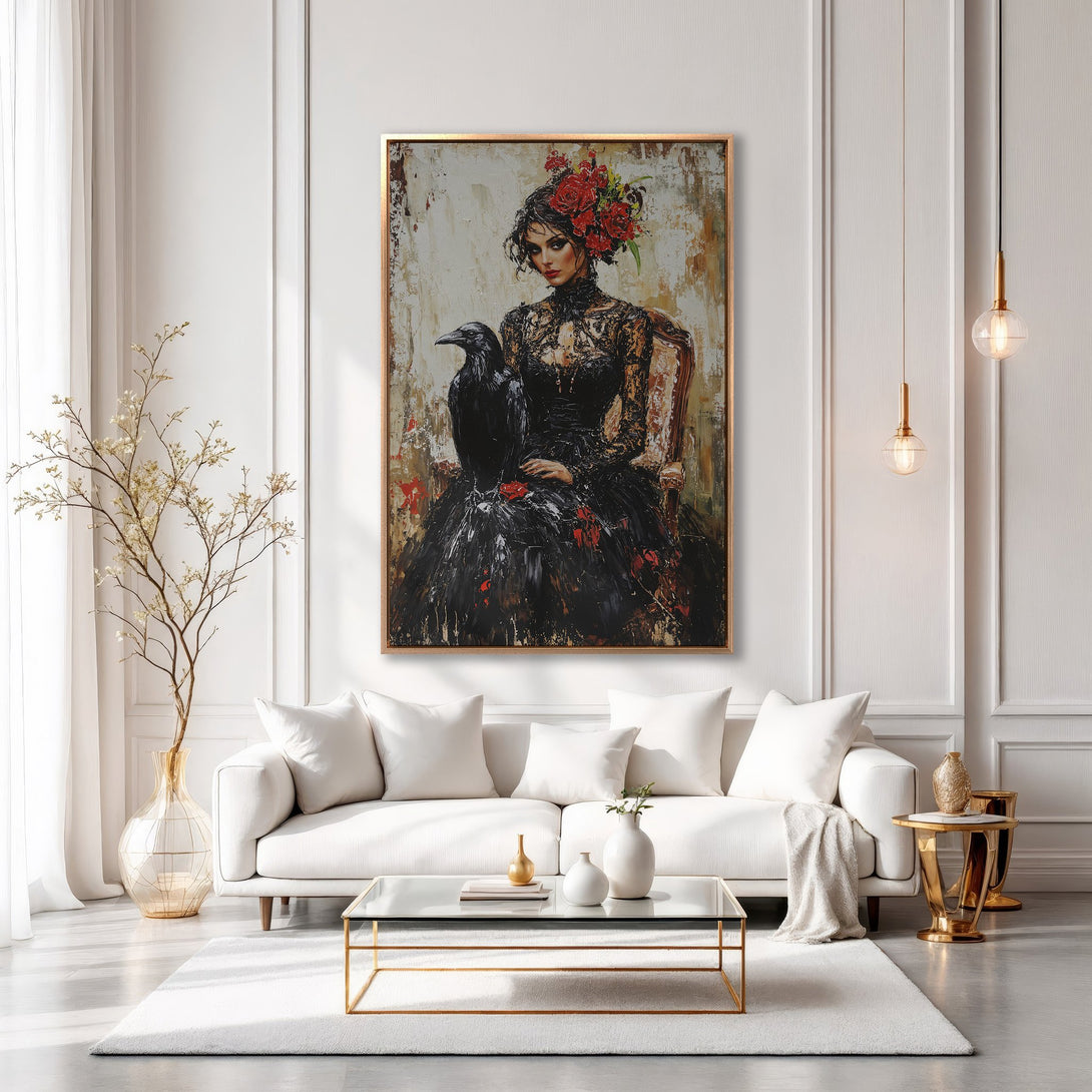 Framed Wall Art: Gothic woman with raven, dramatic oil painting in black, red, and gold. Elegant home decor, perfect for living room or bedroom.