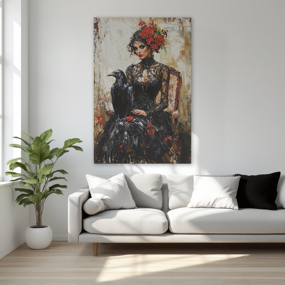 Framed Wall Art: Gothic portrait of a woman with a raven, in a black and red color palette. Perfect for adding a touch of elegance to your bedroom.