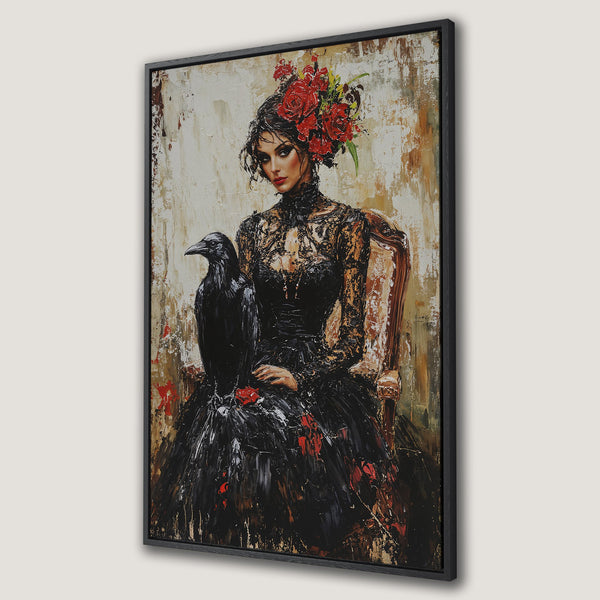 Framed Wall Art of a woman with a raven, gothic style, rich black, red, and gold palette. Elevate your space with this stunning canvas print.