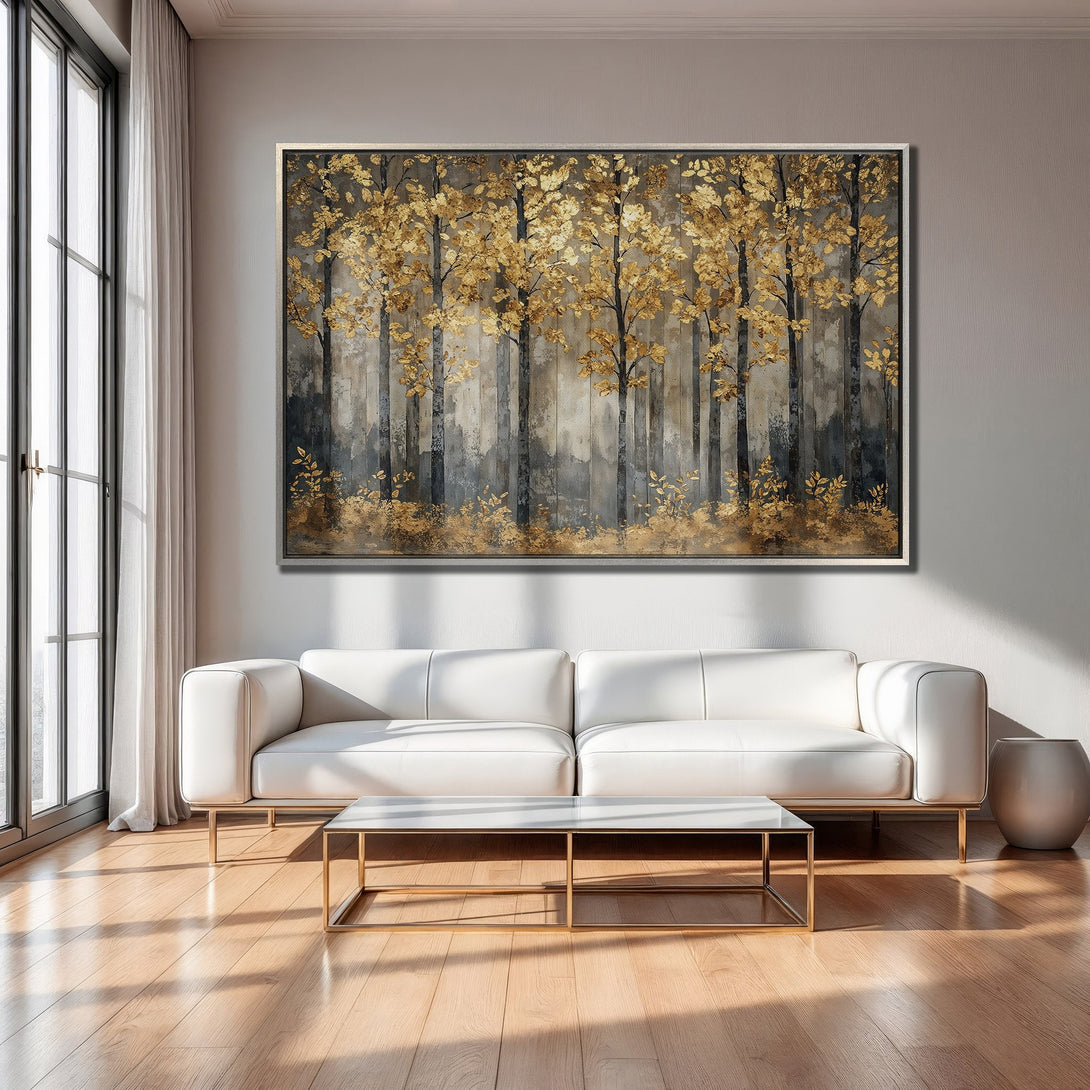 Framed Wall Art: Golden forest canvas print in a modern interior. Features a nature scene with gold and gray tones, adding elegance to any space.