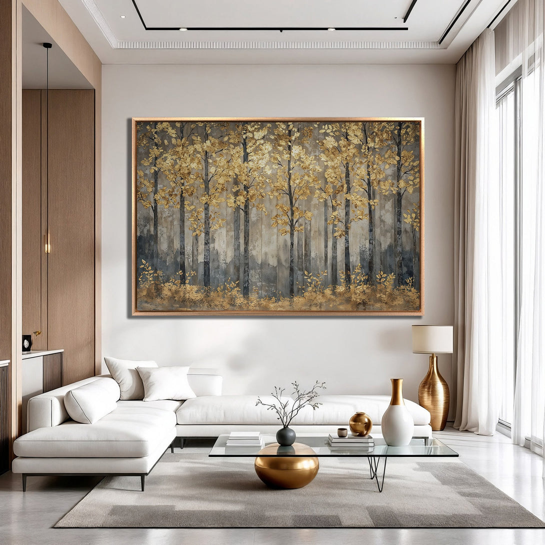 Framed Wall Art featuring a gold leaf forest scene. Modern style, neutral color palette with gold accents. Perfect for living room decor.