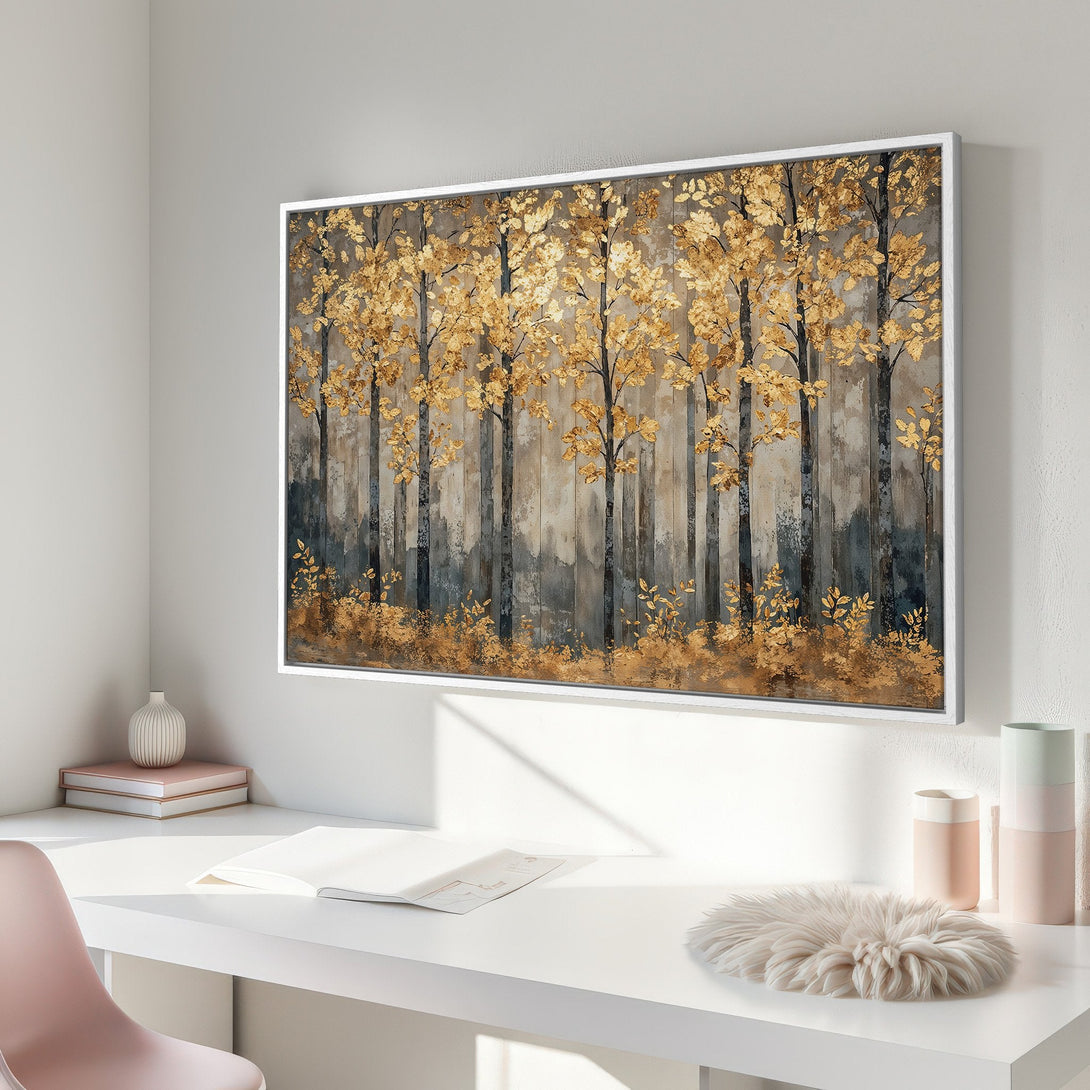 Framed Wall Art: Golden forest scene canvas print, perfect for modern decor. Features a warm gold and grey color palette. Bring nature indoors!
