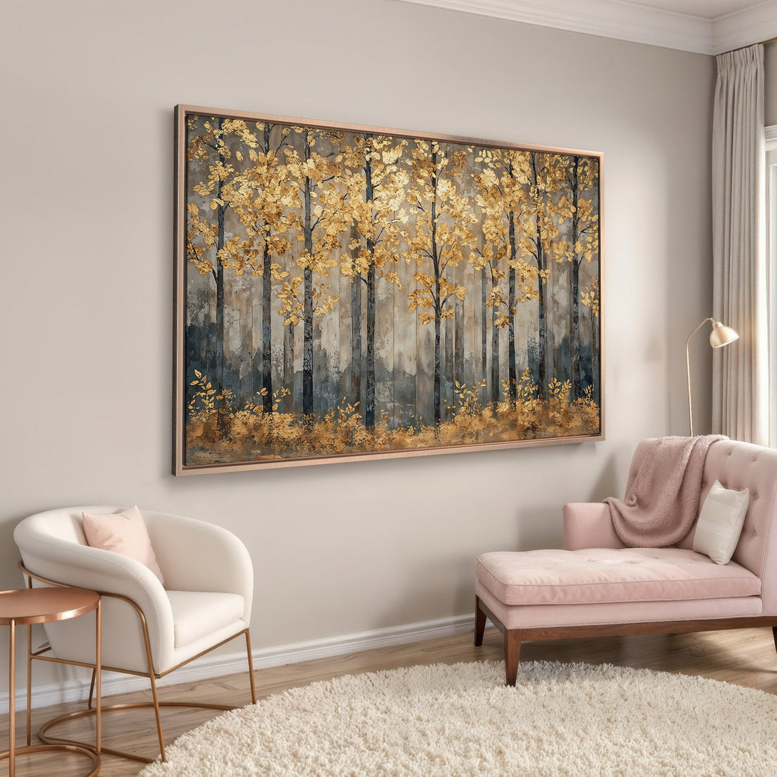 Framed Wall Art: Gold leaf forest scene in a neutral interior. Elegant artwork with a touch of luxury, featuring a gold, gray, and beige color palette.