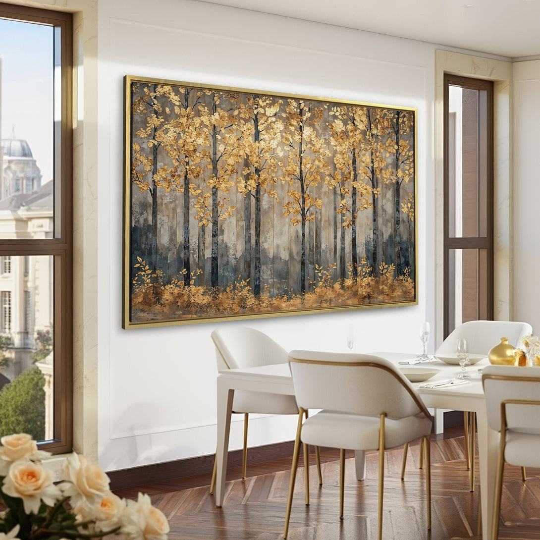 Canvas Print of golden trees in a forest, displayed in a luxurious interior. Features a warm, neutral palette with gold and gray tones.