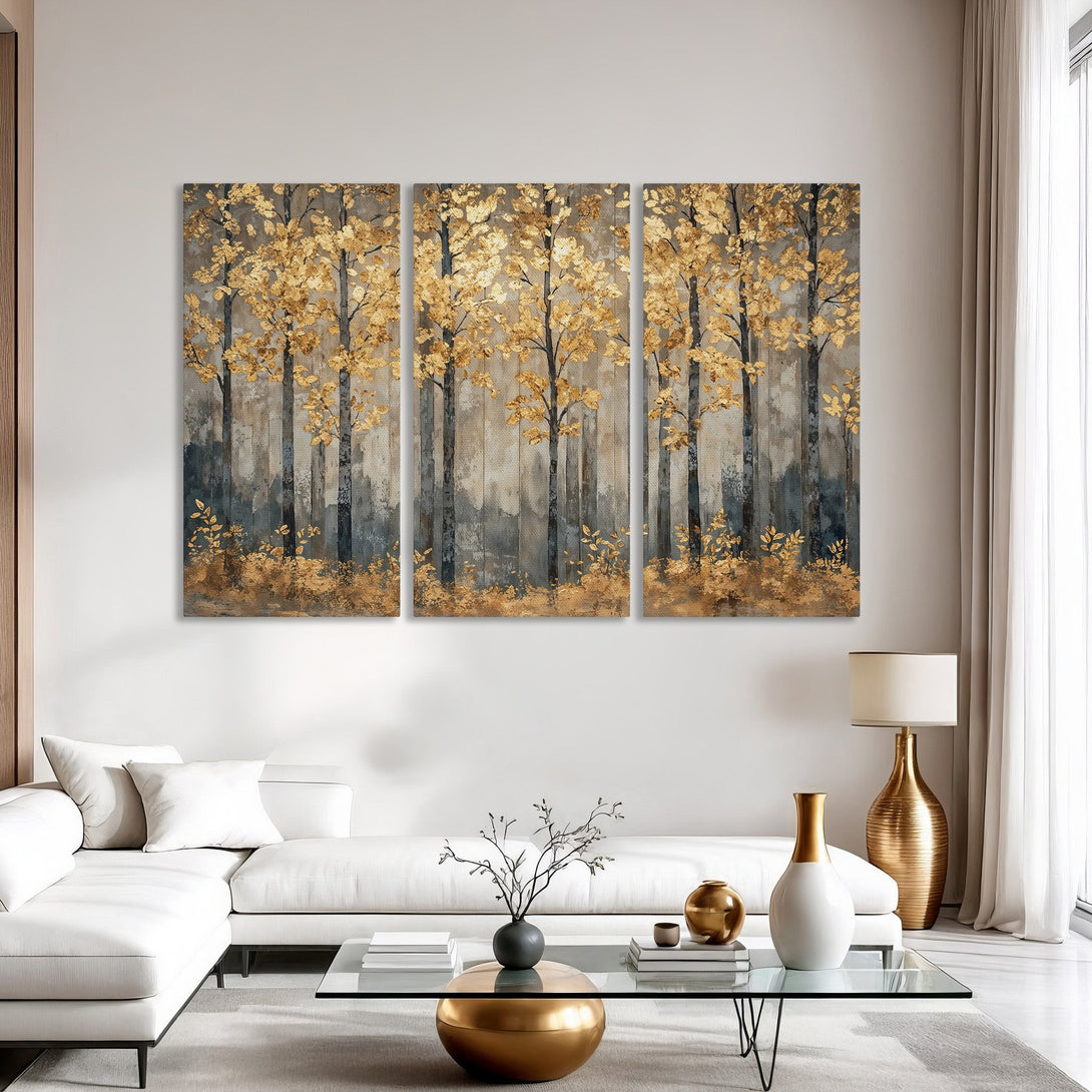 Canvas Print of gold leaf trees in a modern interior. Neutral color palette with gold accents. Perfect wall art for living rooms.