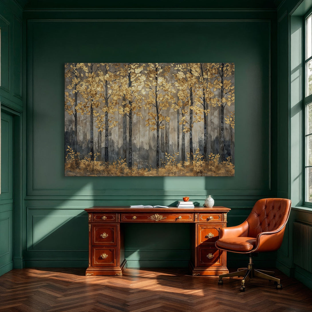 Framed Wall Art: Elegant gold leaf forest scene canvas print. Modern style, neutral gray and gold color palette. Perfect for dining room decor.