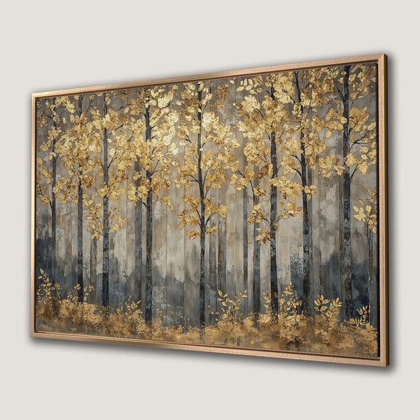Framed Wall Art: Abstract forest scene with gold and gray tones. Modern canvas print featuring elegant trees and a sophisticated color palette. Perfect for home decor.