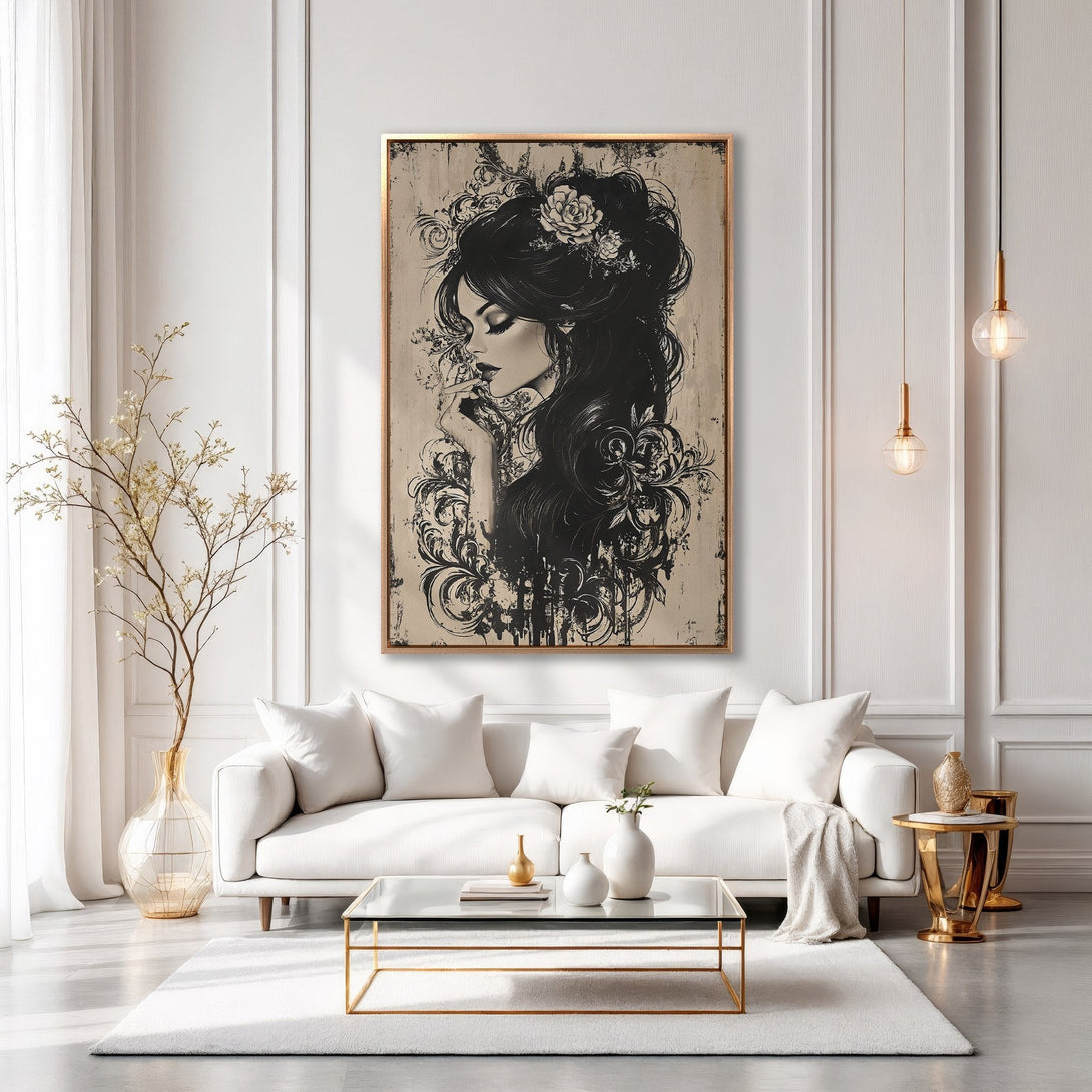 Framed Wall Art featuring a woman with long black hair in a modern, elegant interior. Neutral color palette with gold accents. Elevate your space!
