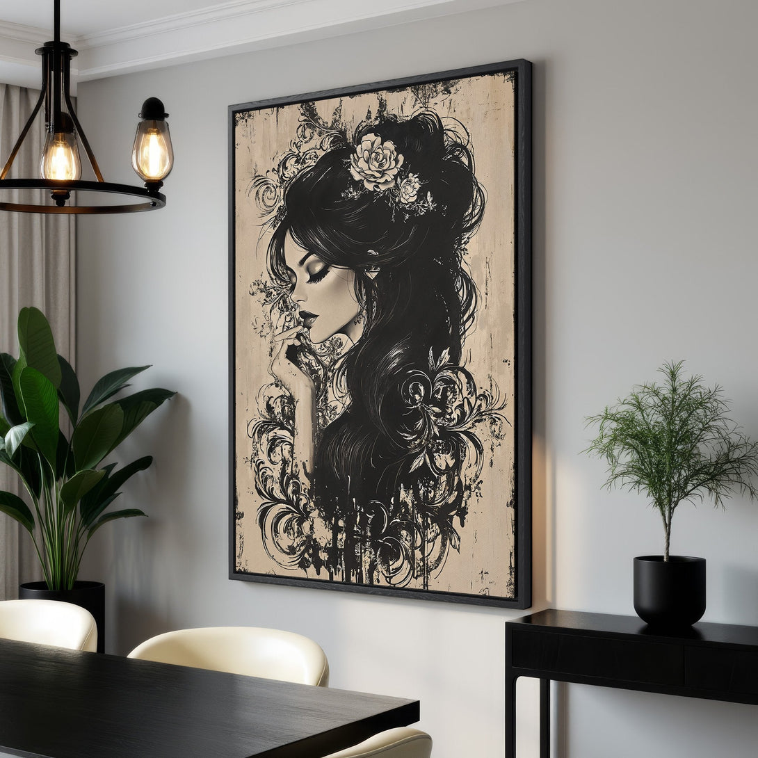 Framed Wall Art: Stunning woman portrait in black and beige tones. Elegant art nouveau style Canvas Print adds sophistication to any room. Shop now for unique wall decor!