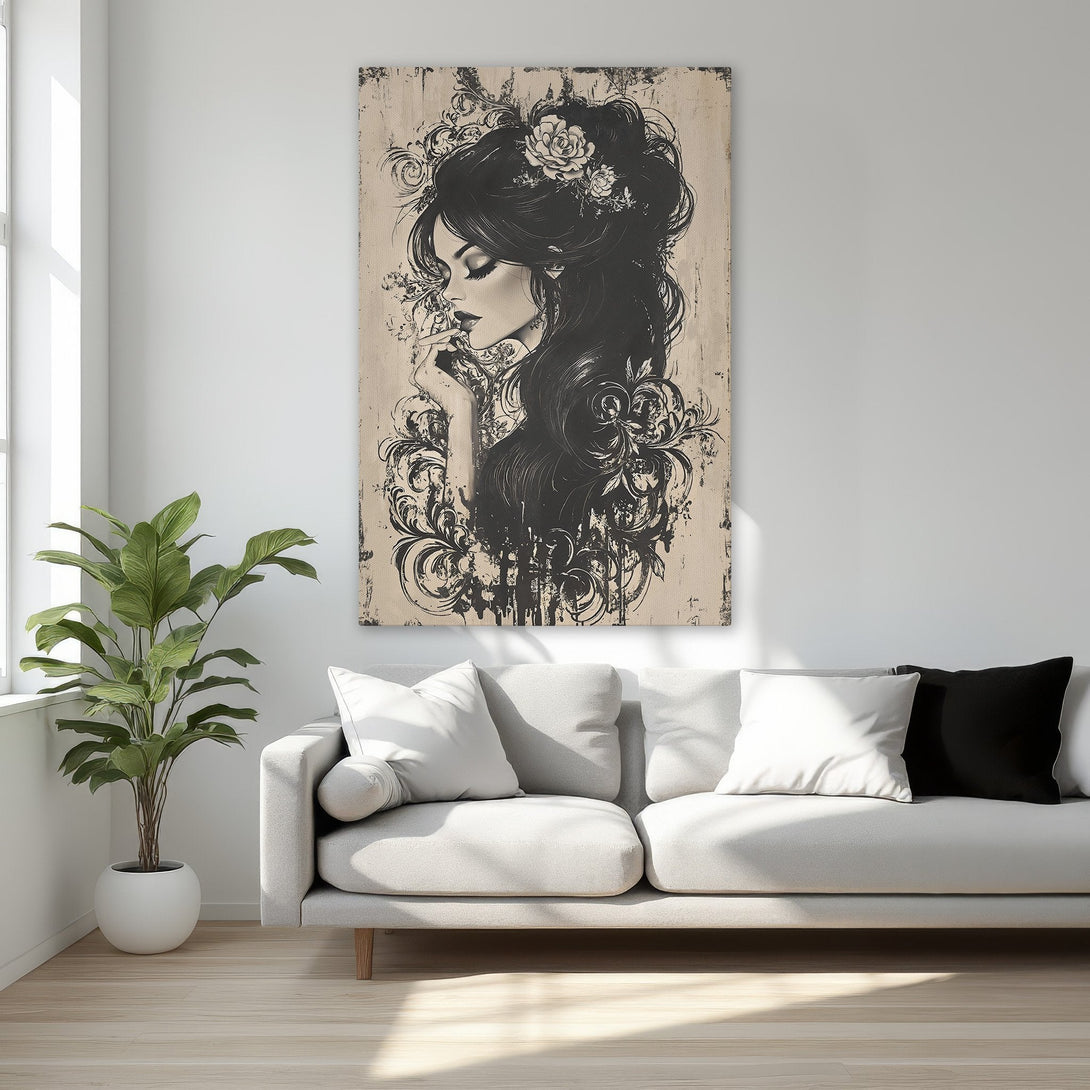 Framed Wall Art: Elegant woman portrait in black and beige tones. Perfect for bedroom decor. Canvas Print adds a touch of sophistication to any space.
