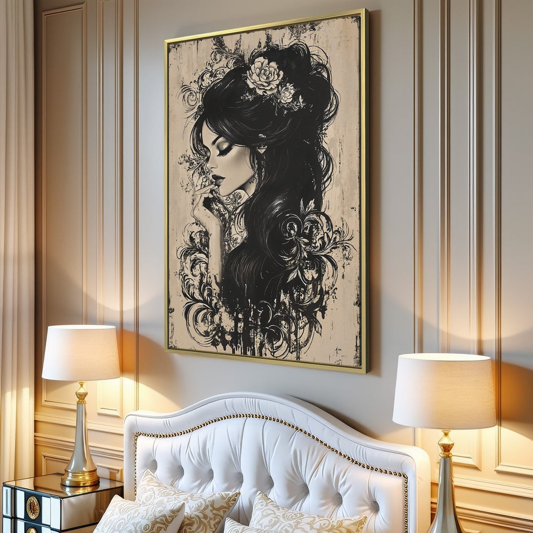 Canvas Print of a woman with flowing black hair, artistic style, neutral and black color palette, perfect for modern decor.