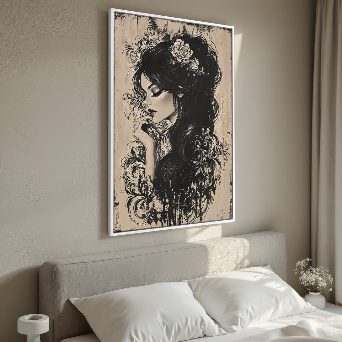 Framed Wall Art: Ethereal woman portrait in black & beige, perfect for bedroom decor. Elegant, artistic style with a neutral color palette. Shop now!