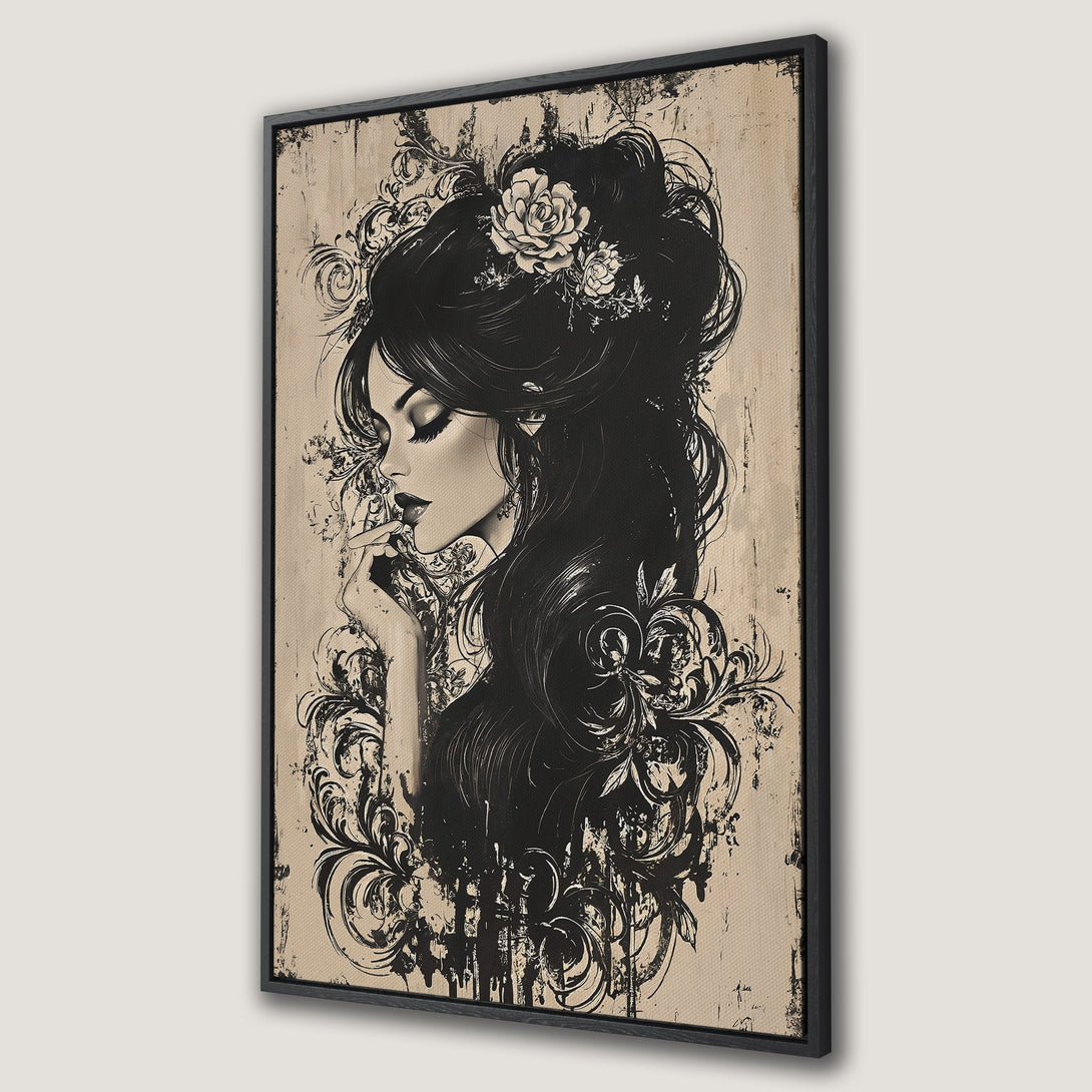 Framed Wall Art featuring a woman with long black hair in a dreamy, artistic style. Neutral color palette with black, beige, and touches of white. Perfect for any space.