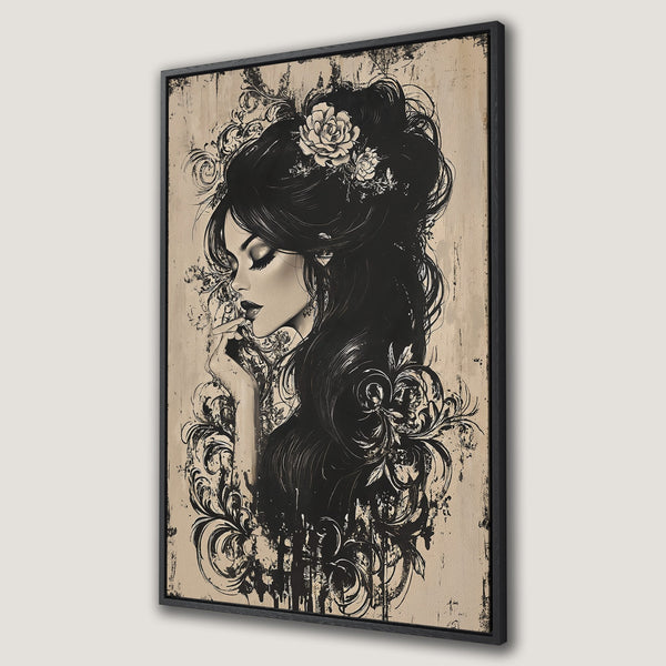 Framed Wall Art featuring a woman with long black hair in a dreamy, artistic style. Neutral color palette with black, beige, and touches of white. Perfect for any space.