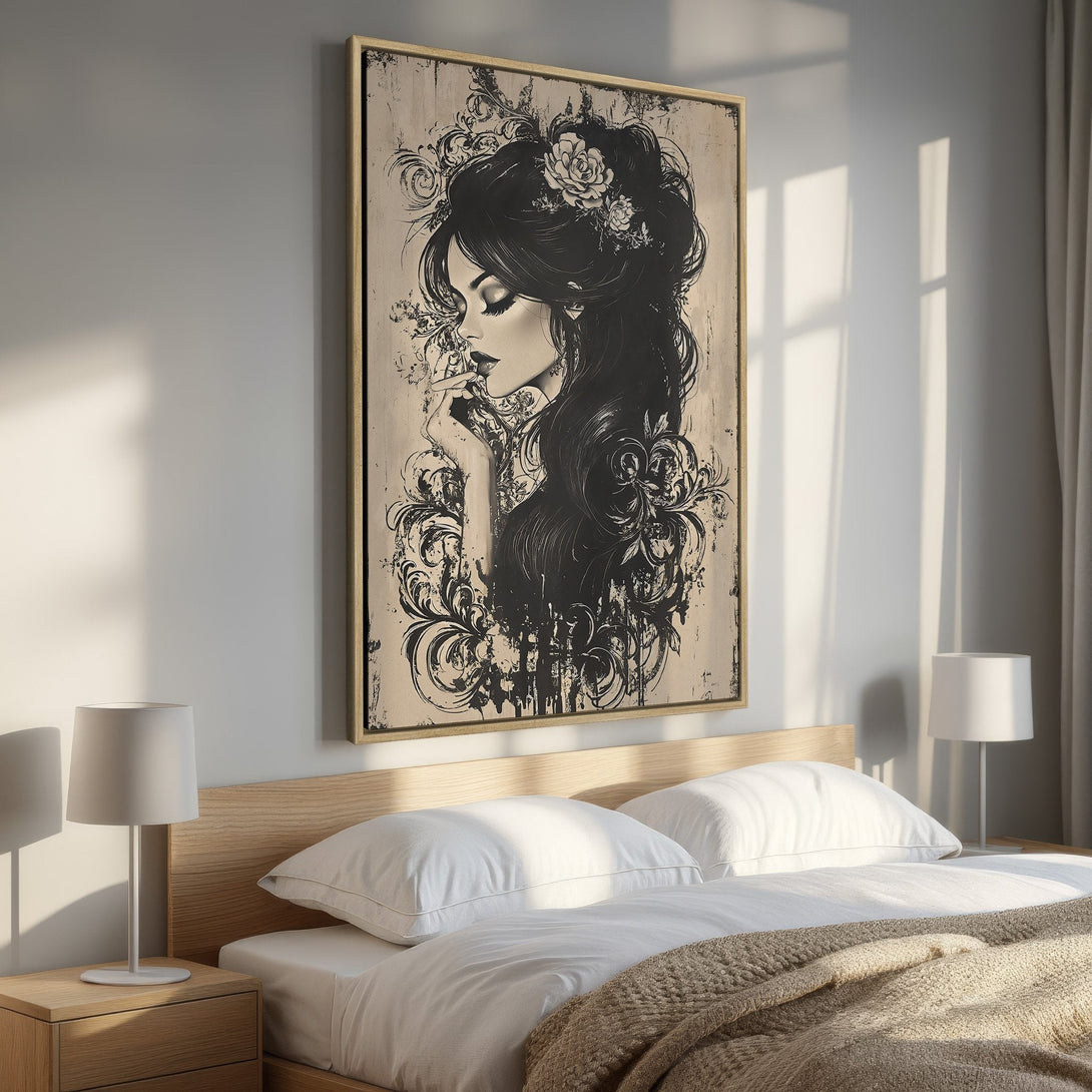 Framed Wall Art: Elegant woman portrait in black and beige, perfect for bedroom decor. Modern art style, neutral color palette. Elevate your space with this canvas print.