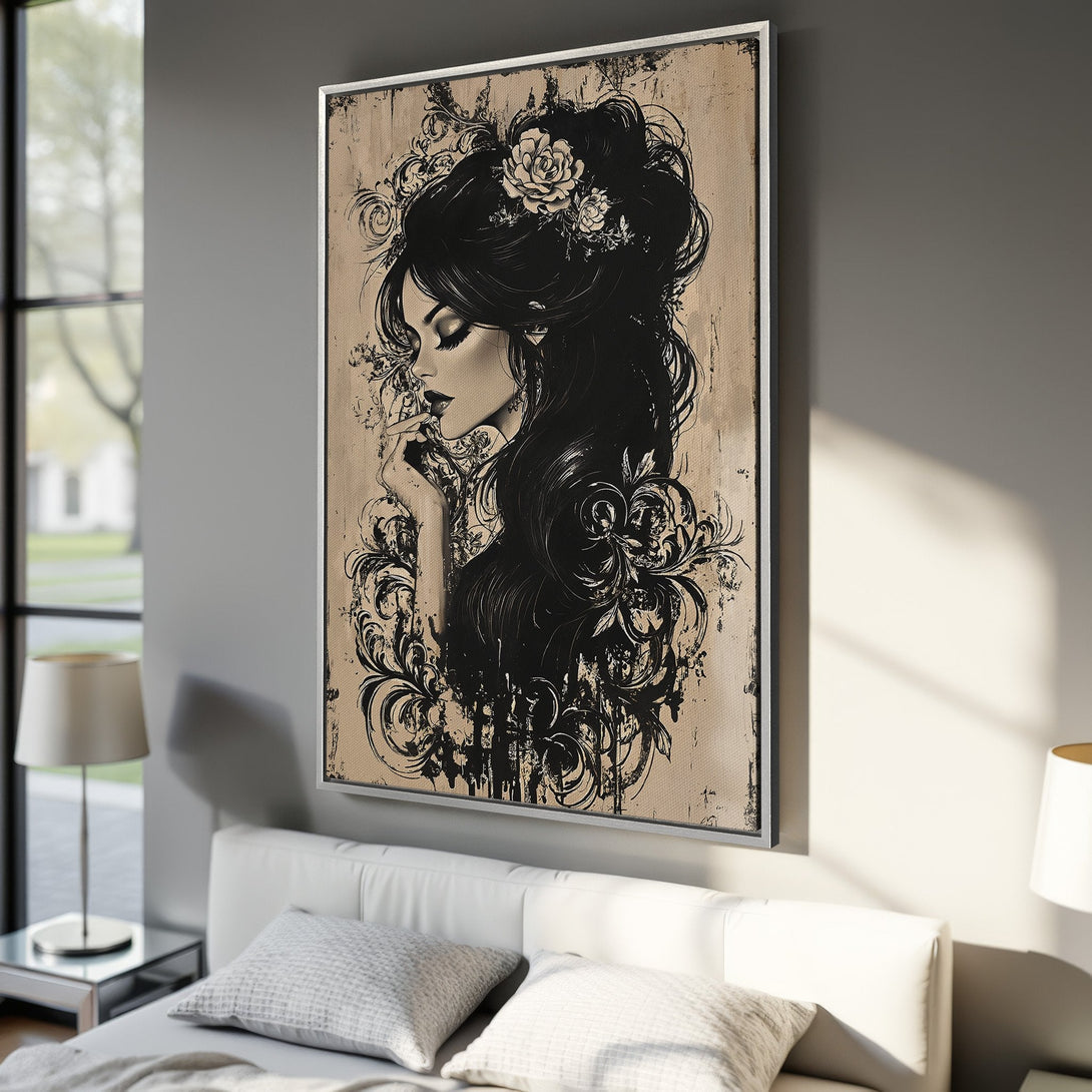 Framed Wall Art featuring a woman with flowing black hair, intricate details, and a neutral color palette. Perfect for adding art to your bedroom!