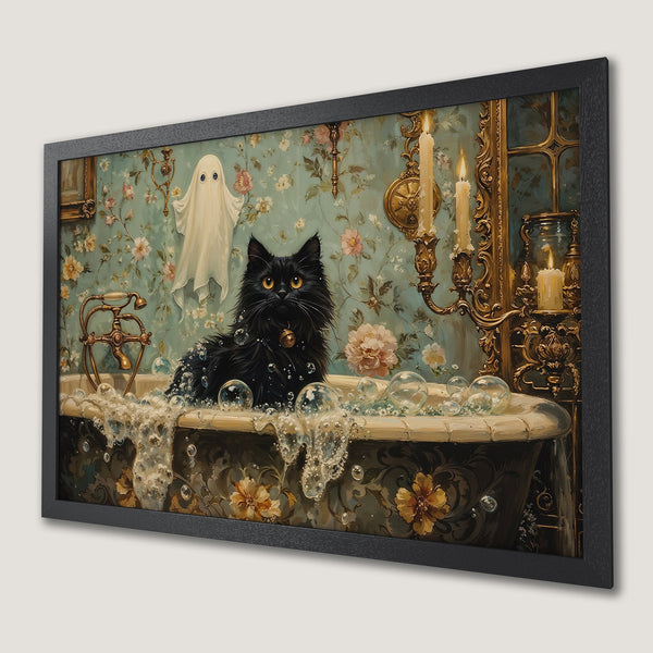 Framed Poster featuring a black cat in a vintage bathtub with a ghost, in a whimsical, antique style with a teal and gold color palette.