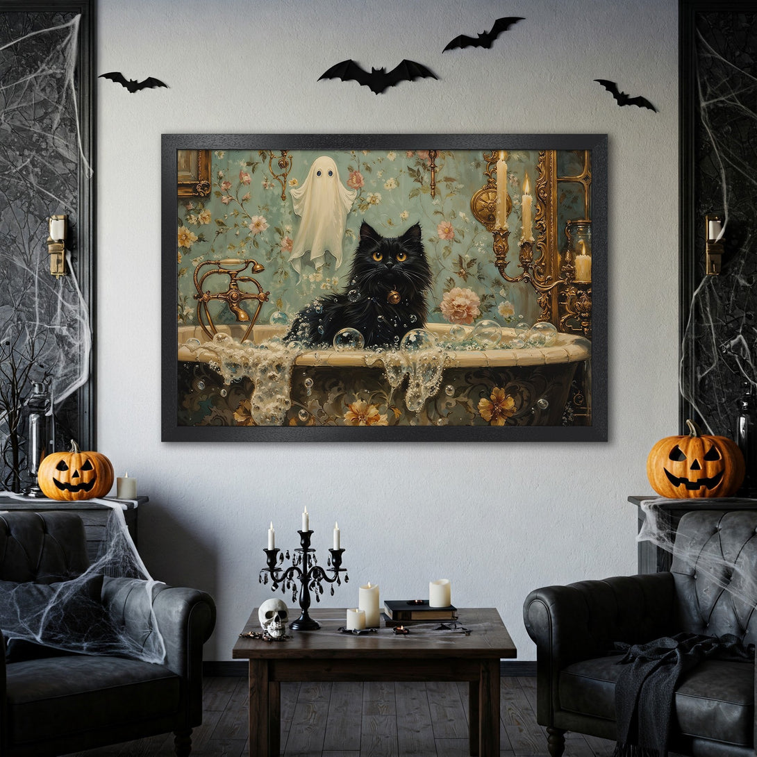 Framed Poster: Black cat in bathtub with ghost. Vintage style, teal and gold color palette. Spooky Halloween wall art.