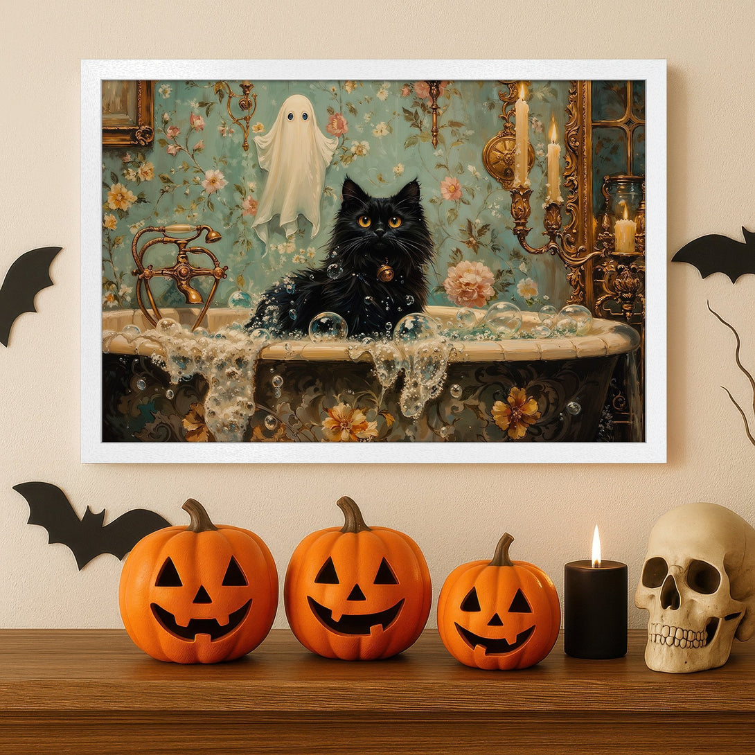 Framed Poster featuring a black cat in a bathtub with a ghost. Vintage style, teal and gold color palette. Halloween decor.