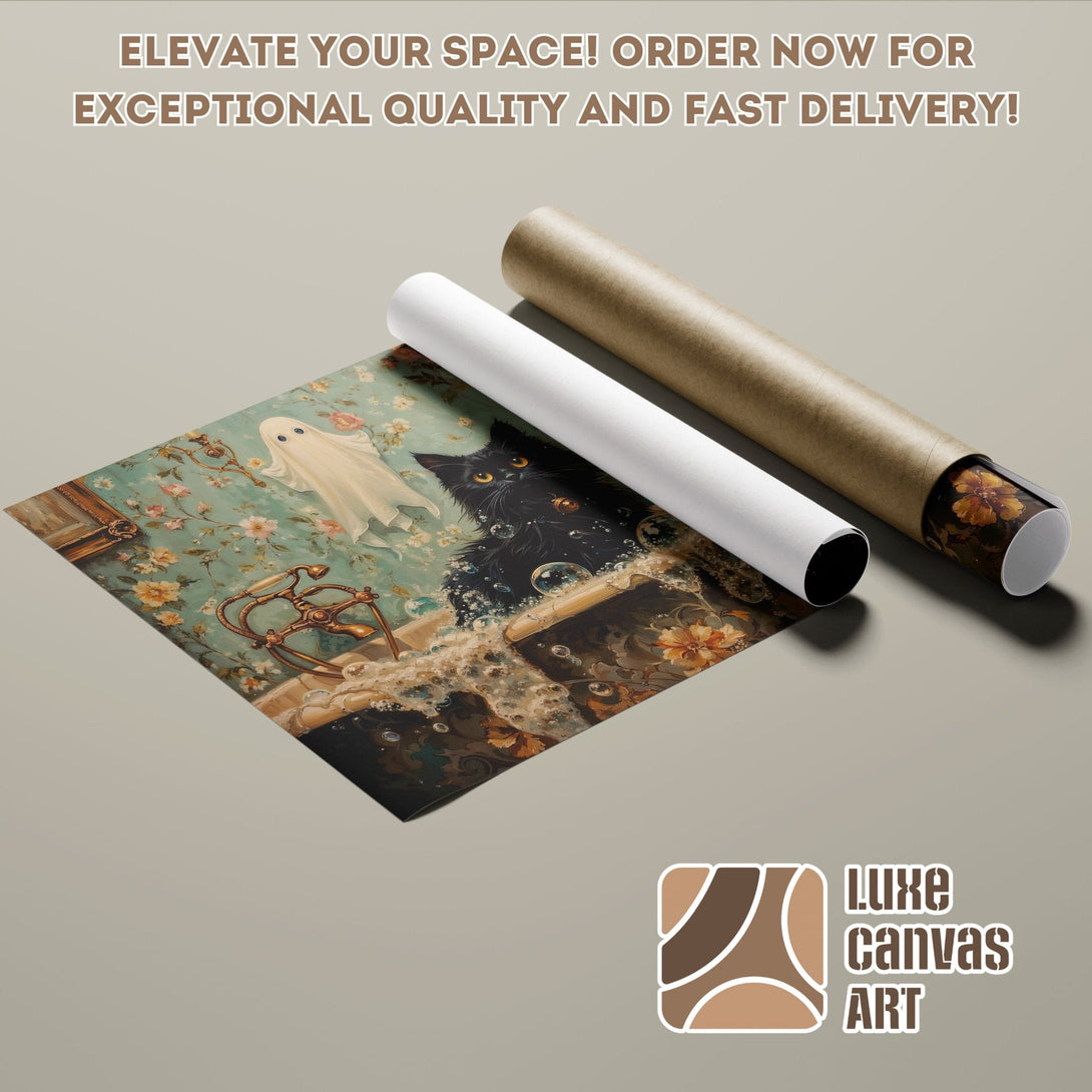 Poster Roll featuring a black cat in a vintage bathroom, with a teal and brown color palette. Order yours today!