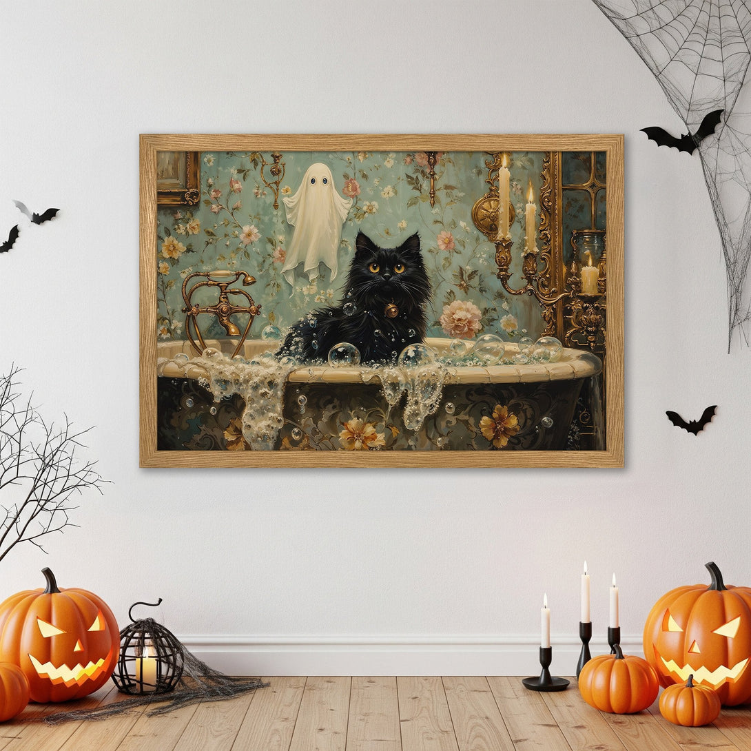 Framed Poster: Black cat in a bathtub with a ghost, vintage style, teal and gold color palette. Perfect Halloween decor!