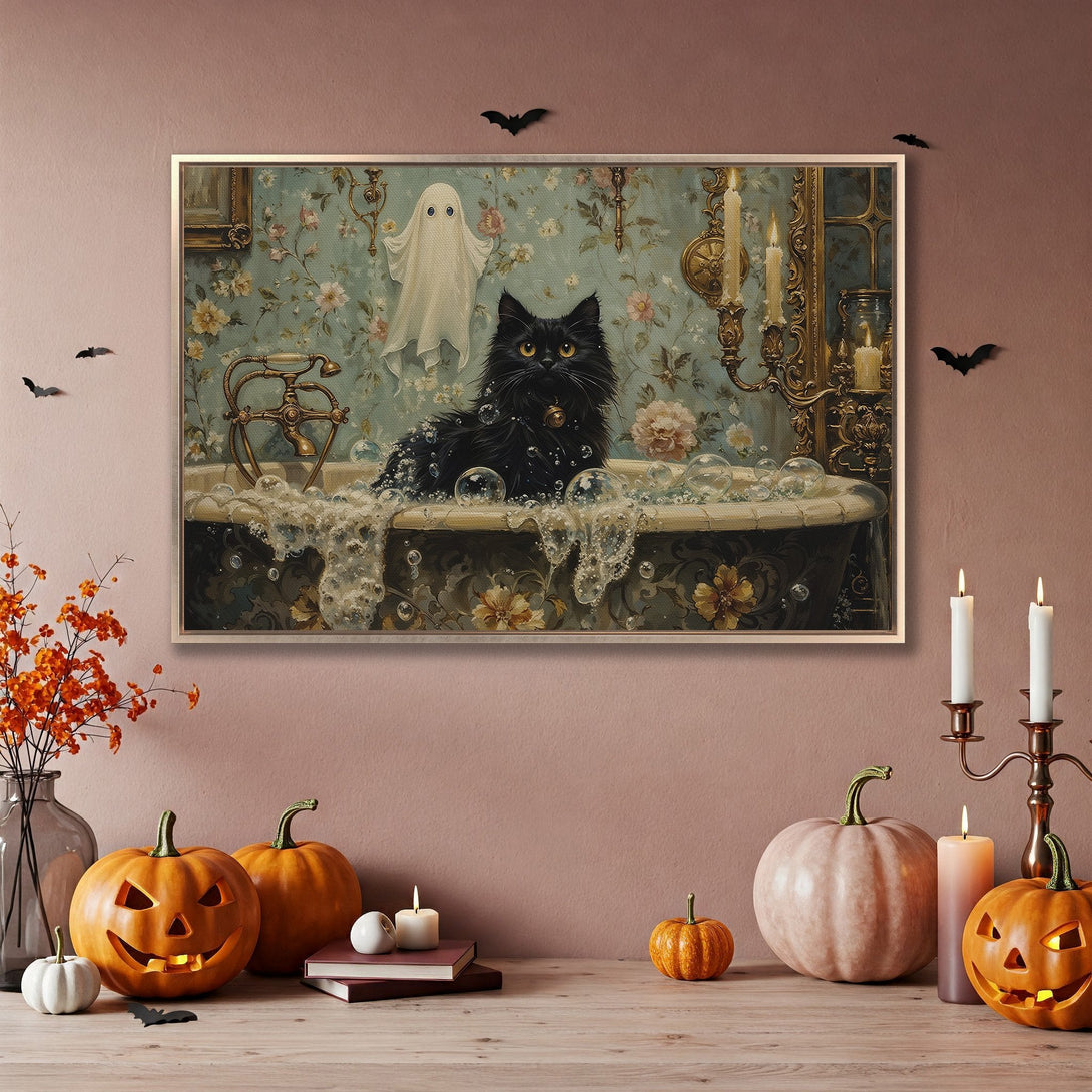 Framed Wall Art: Black cat in vintage bathtub with ghost, Halloween decor. Pastel & gold color palette. Spooky & stylish home decor.