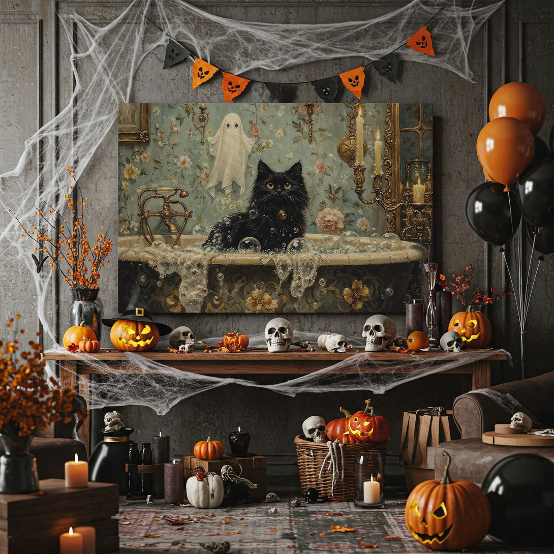 Framed Wall Art: Black cat in a bubble bath, vintage style, teal & gold color palette. Perfect Halloween decor.