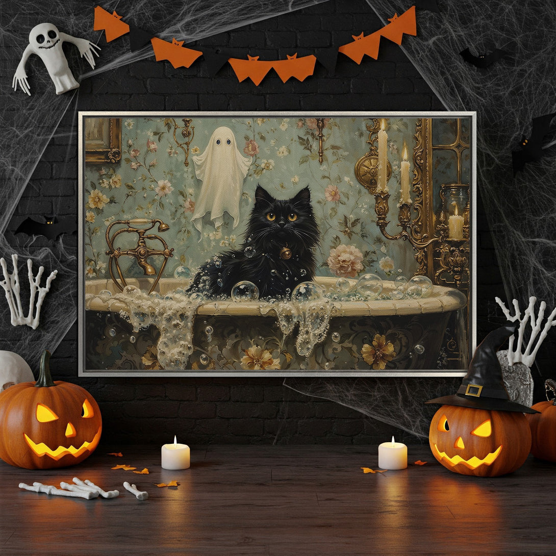 Framed Wall Art: Spooky Halloween scene with a black cat in a bathtub, vintage style, teal & gold color palette. Perfect for Halloween decor!