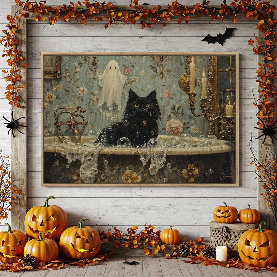Framed Wall Art: Black cat in a vintage bathtub scene, Halloween decor with a teal and gold color palette. Perfect for spooky season!